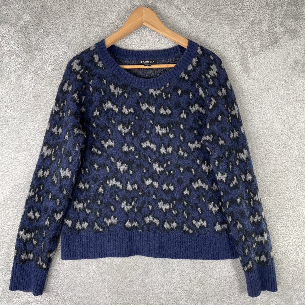 Athleta Hawthorn Textured Crew Sweater Womens Medium Blue Merino Wool Leopard